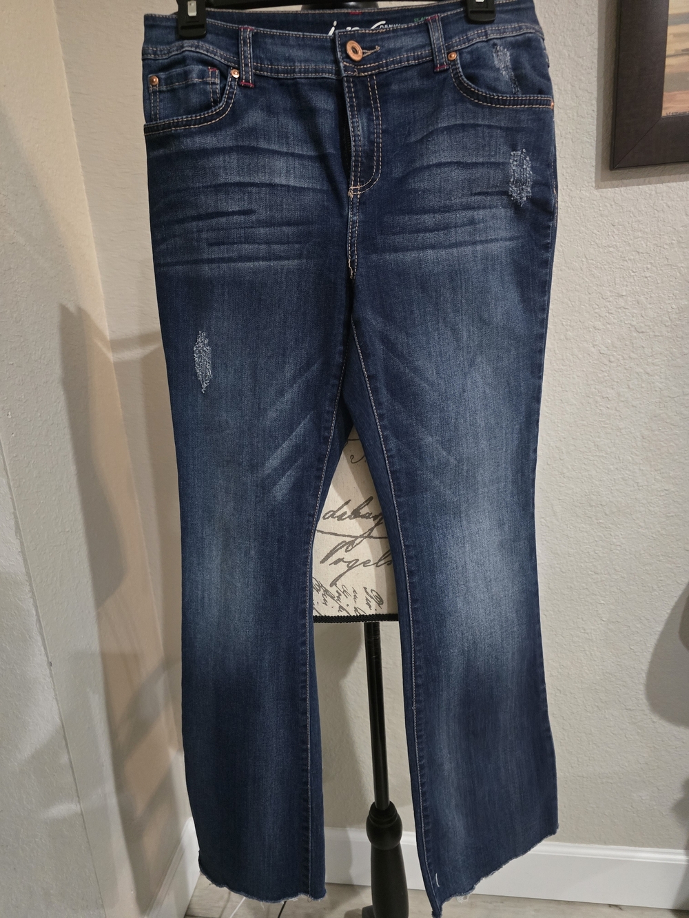 INC Denim Women's Flare Jeans – Dark Wash Distressed – Raw Hem